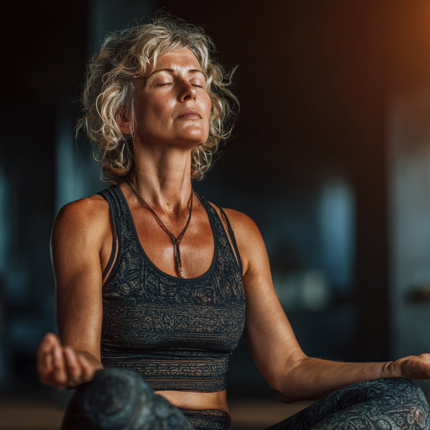 Літня жінка практикує йогу